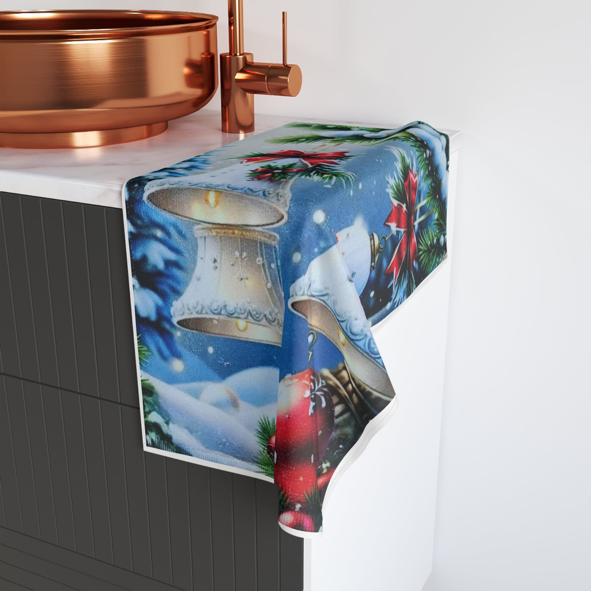 Christmas Decor Hand Towel with Holiday Bells and Bows