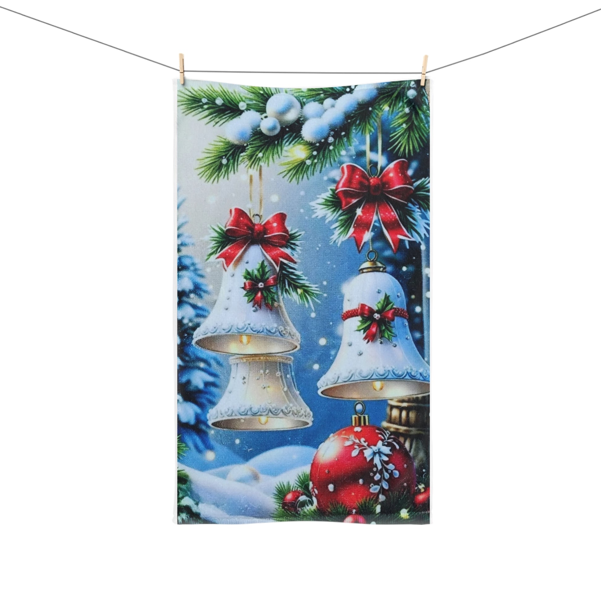 Christmas Decor Hand Towel with Holiday Bells and Bows