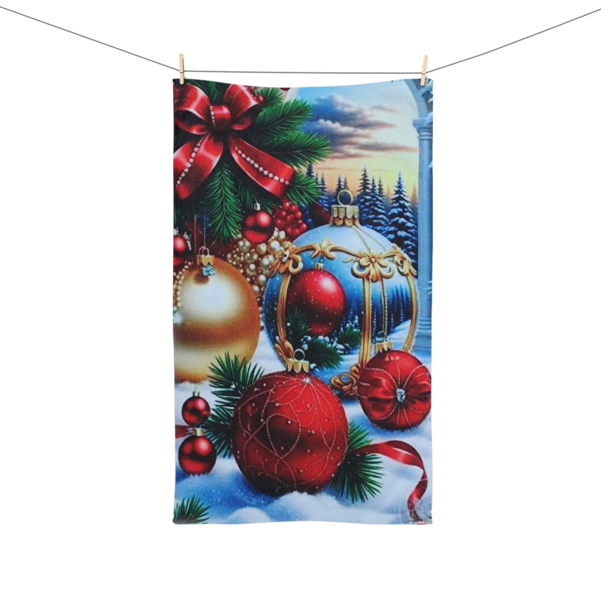 Festive Christmas Hand Towel - Holiday Decor with Ornaments & Ribbon
