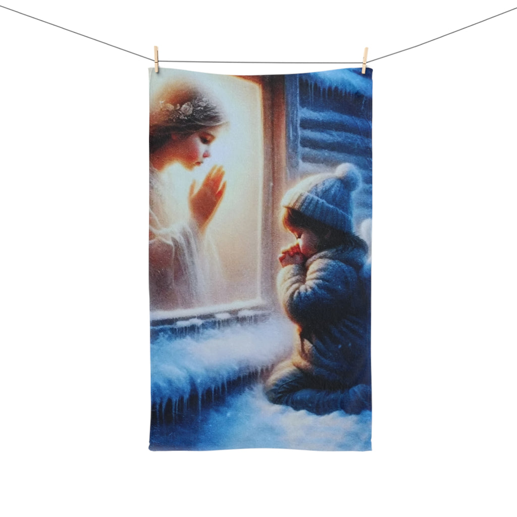 Winter Serenity Hand Towel - Cozy Holiday Decor with Child and Angel Design